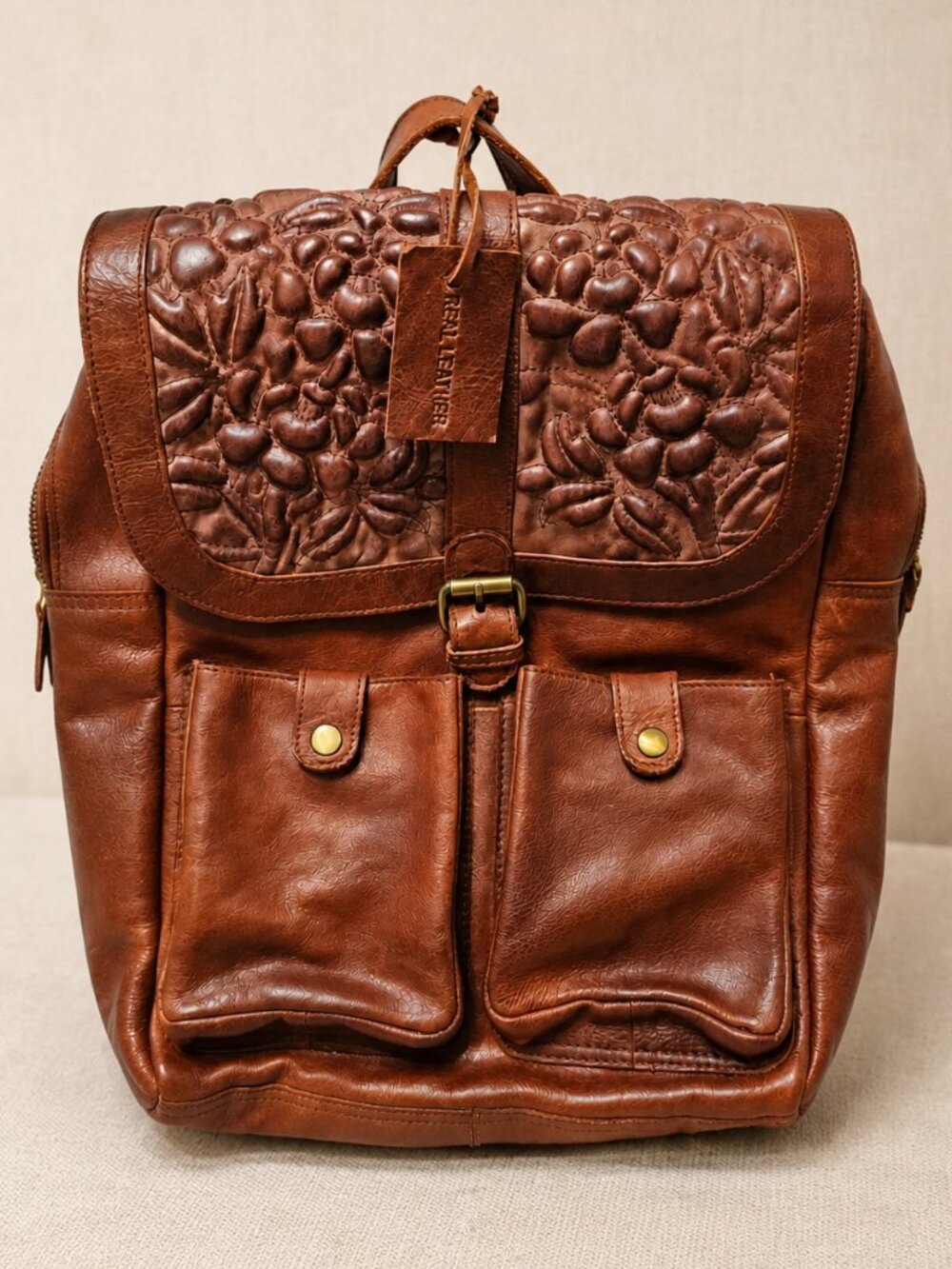 Anabaglish 100% Genuine Leather Floral Embossed Backpack Purse Cognac Brown Boho